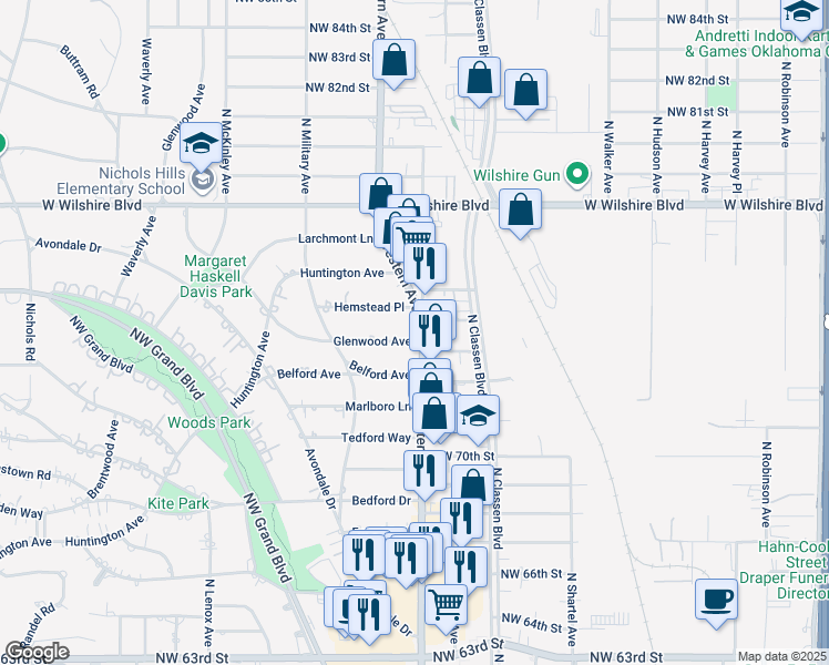 map of restaurants, bars, coffee shops, grocery stores, and more near 1101 Glenwood Avenue in Nichols Hills