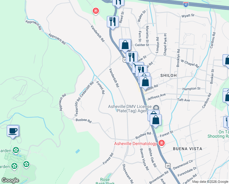 map of restaurants, bars, coffee shops, grocery stores, and more near 2 Forest Road in Biltmore Forest