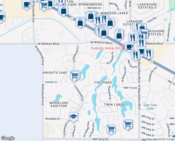 map of restaurants, bars, coffee shops, grocery stores, and more near 7407 Kings Manor Court in Oklahoma City