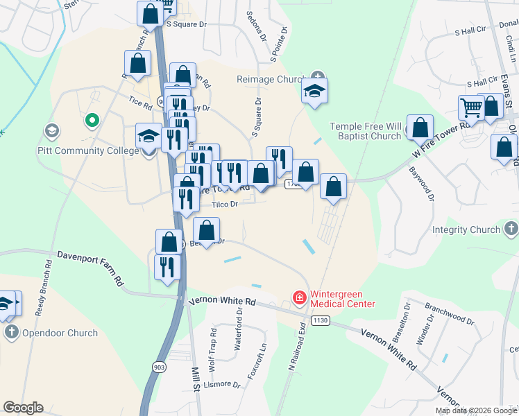map of restaurants, bars, coffee shops, grocery stores, and more near 685 West Fire Tower Road in Winterville