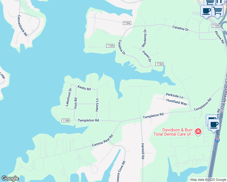 map of restaurants, bars, coffee shops, grocery stores, and more near Keats Road in Mooresville