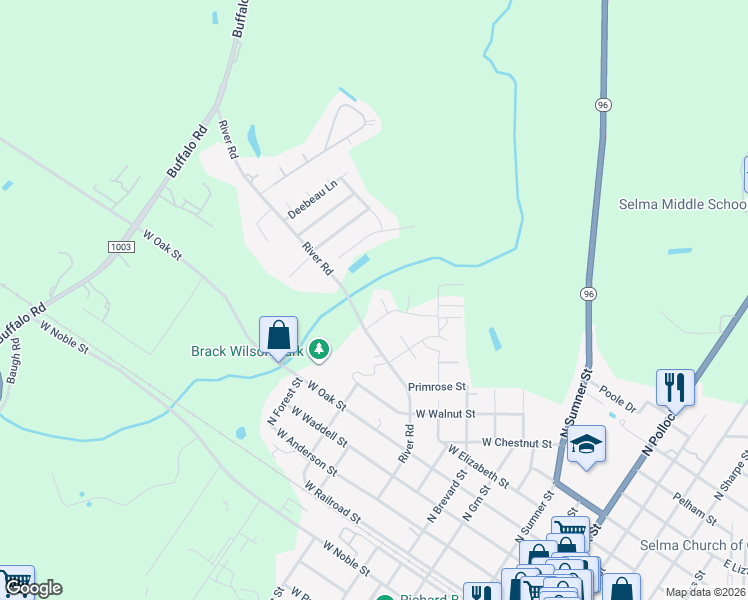 map of restaurants, bars, coffee shops, grocery stores, and more near 100 Eubank Court in Selma