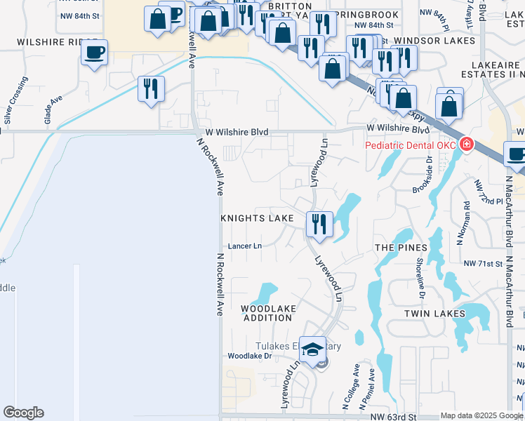 map of restaurants, bars, coffee shops, grocery stores, and more near 7525 Knight Lake Drive in Oklahoma City