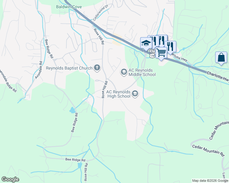map of restaurants, bars, coffee shops, grocery stores, and more near 11 Reynolds School Road in Asheville