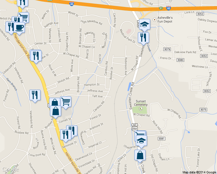 map of restaurants, bars, coffee shops, grocery stores, and more near 486 Caribou Road in Asheville