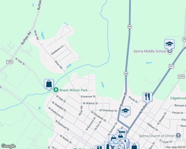 map of restaurants, bars, coffee shops, grocery stores, and more near 121 Boykin Avenue in Selma