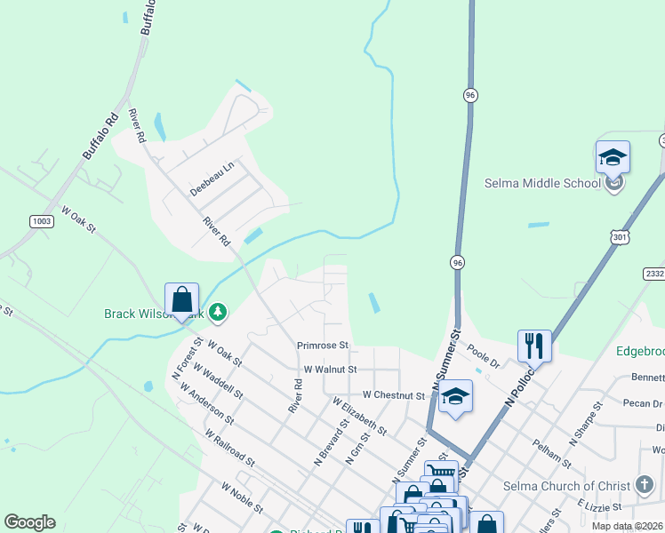 map of restaurants, bars, coffee shops, grocery stores, and more near 121 Boykin Avenue in Selma