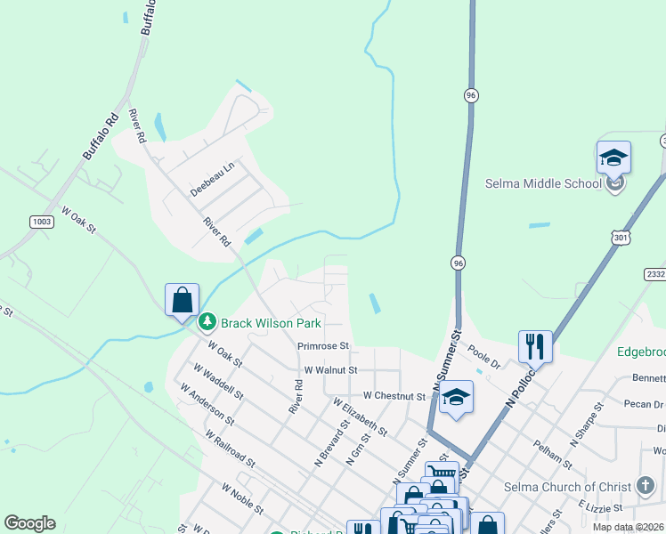 map of restaurants, bars, coffee shops, grocery stores, and more near 121 Boykin Avenue in Selma
