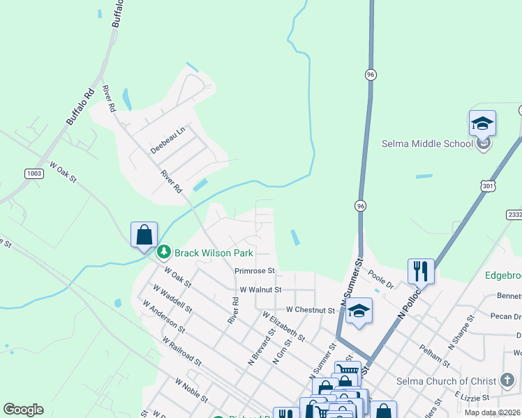 map of restaurants, bars, coffee shops, grocery stores, and more near 121 Boykin Avenue in Selma