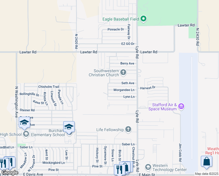map of restaurants, bars, coffee shops, grocery stores, and more near 2001 Morgandee Lane in Weatherford