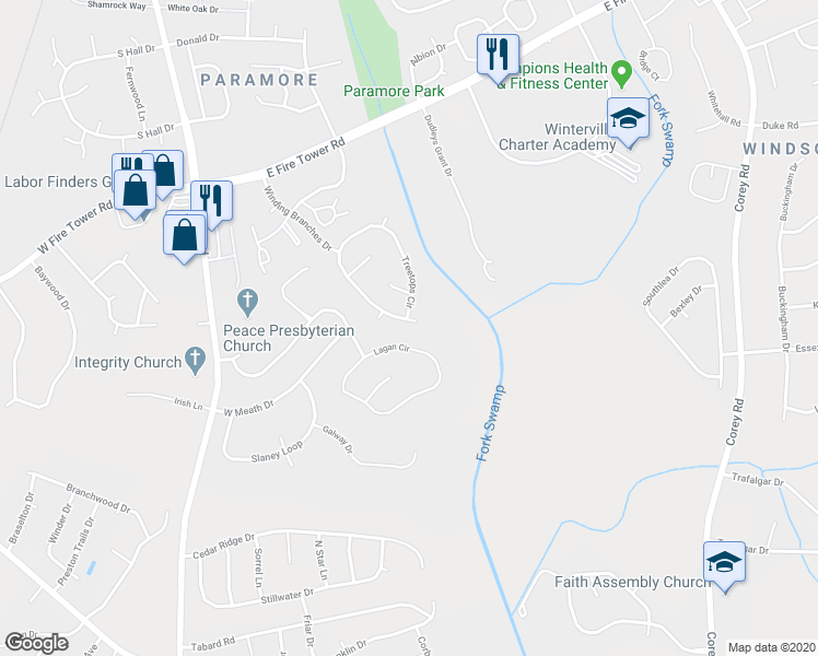 map of restaurants, bars, coffee shops, grocery stores, and more near 4600 Willow Branches Close in Winterville