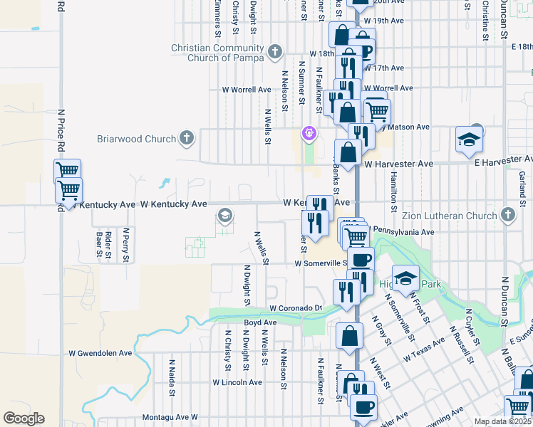 map of restaurants, bars, coffee shops, grocery stores, and more near 1314 West Kentucky Avenue in Pampa