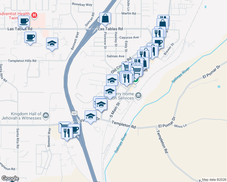 map of restaurants, bars, coffee shops, grocery stores, and more near 215 8th Street in Templeton
