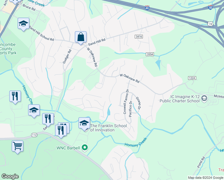 map of restaurants, bars, coffee shops, grocery stores, and more near 9 Eagles Nest Lane in Asheville