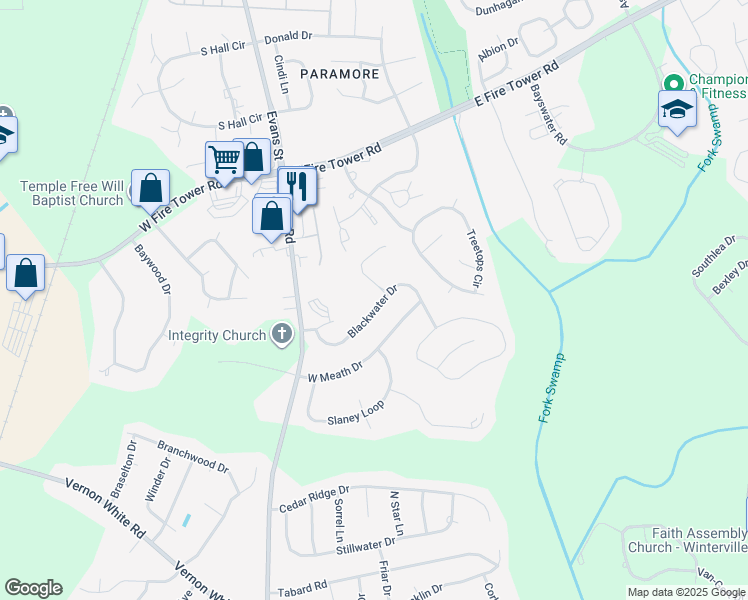 map of restaurants, bars, coffee shops, grocery stores, and more near 153 Blackwater Drive in Winterville