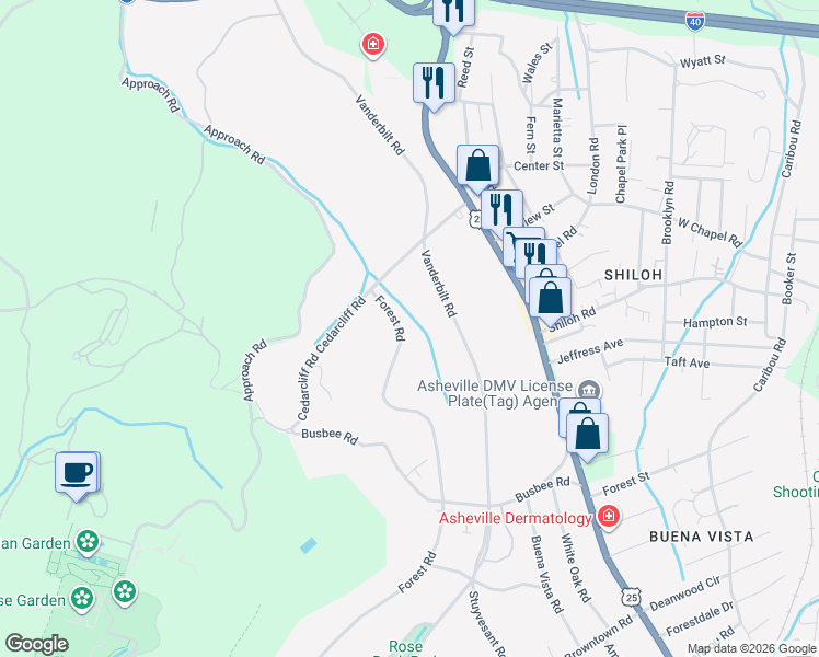 map of restaurants, bars, coffee shops, grocery stores, and more near 2 Forest Road in Biltmore Forest