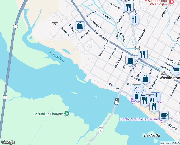 map of restaurants, bars, coffee shops, grocery stores, and more near 102 Washington Harbor in Washington