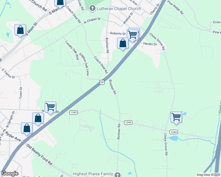 map of restaurants, bars, coffee shops, grocery stores, and more near 965 Bostian Road in China Grove