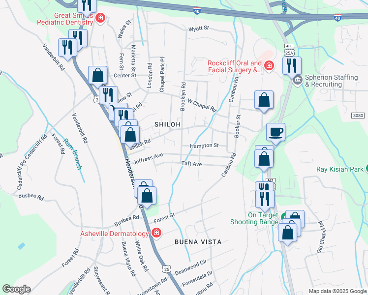 map of restaurants, bars, coffee shops, grocery stores, and more near 49 Hampton Street in Asheville