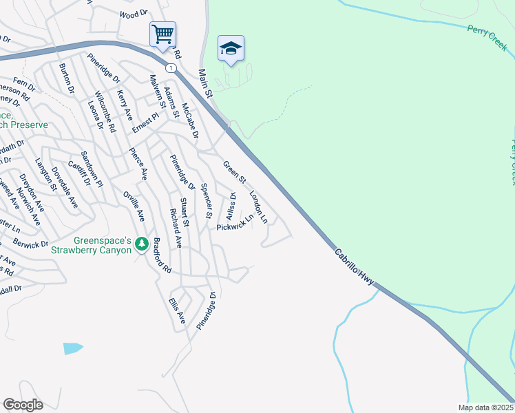 map of restaurants, bars, coffee shops, grocery stores, and more near London Lane in Cambria
