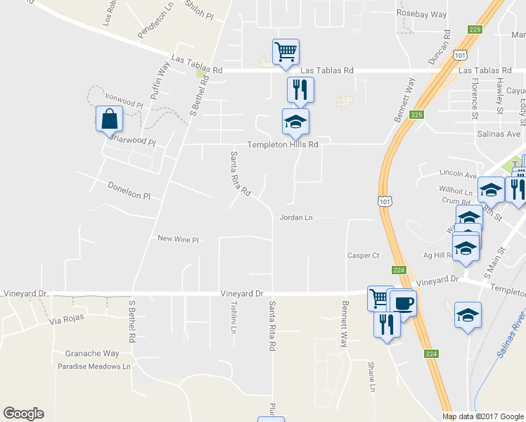map of restaurants, bars, coffee shops, grocery stores, and more near 740 Santa Rita Road in Templeton