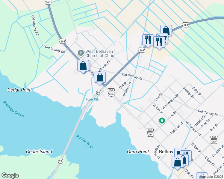 map of restaurants, bars, coffee shops, grocery stores, and more near 364 Mill Street in Belhaven
