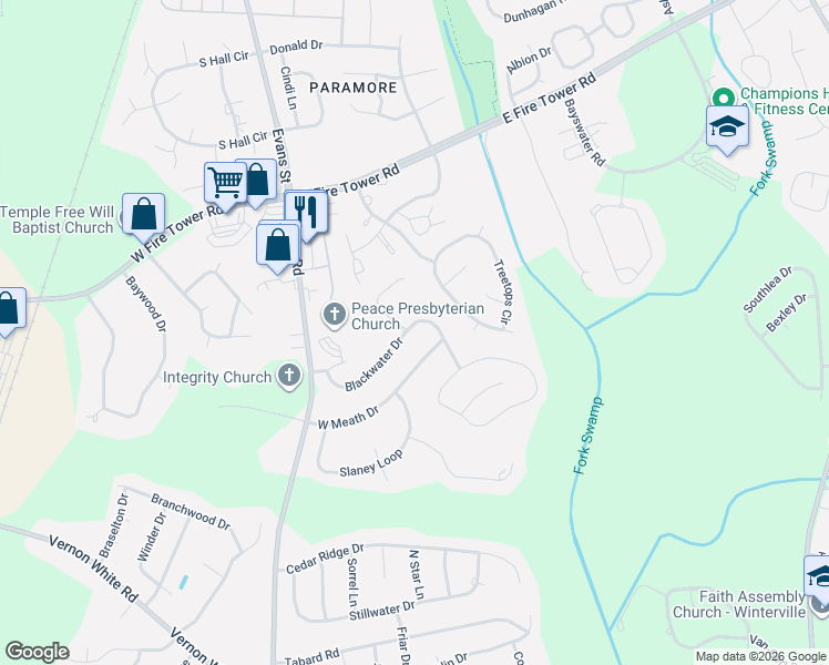 map of restaurants, bars, coffee shops, grocery stores, and more near 331 West Meath Drive in Winterville