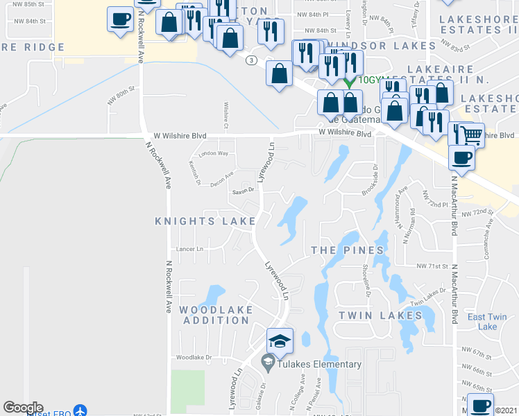 map of restaurants, bars, coffee shops, grocery stores, and more near 6708 Picadilly Circle in Oklahoma City