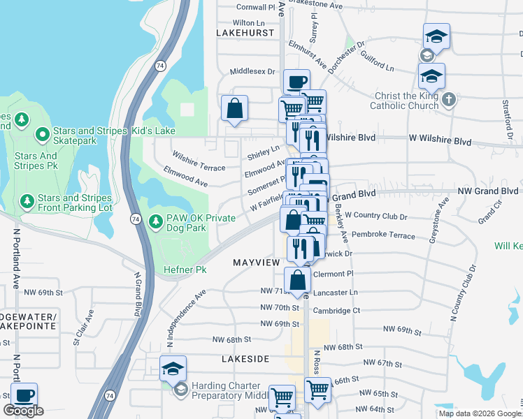 map of restaurants, bars, coffee shops, grocery stores, and more near 3025 Northwest Grand Boulevard in Oklahoma City