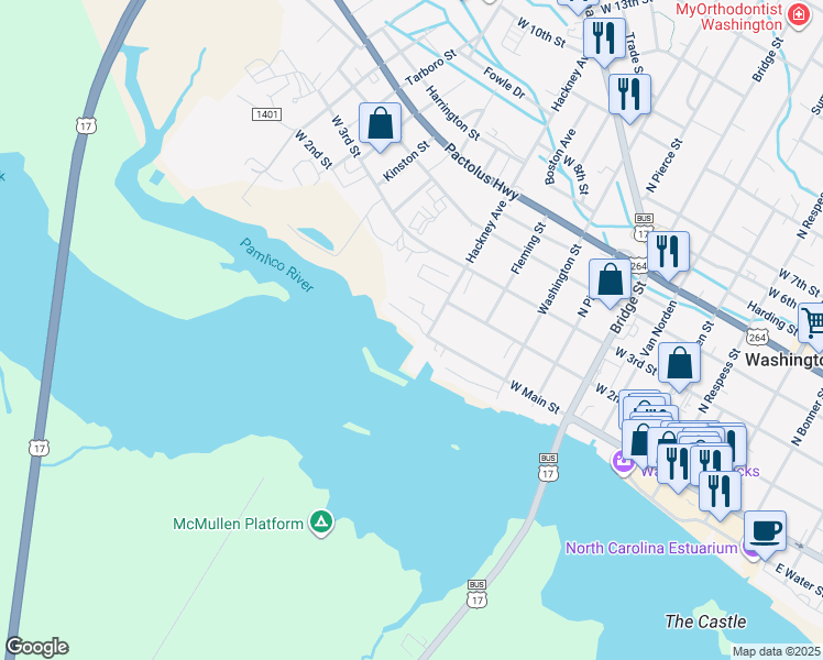 map of restaurants, bars, coffee shops, grocery stores, and more near 102 Washington Harbor in Washington