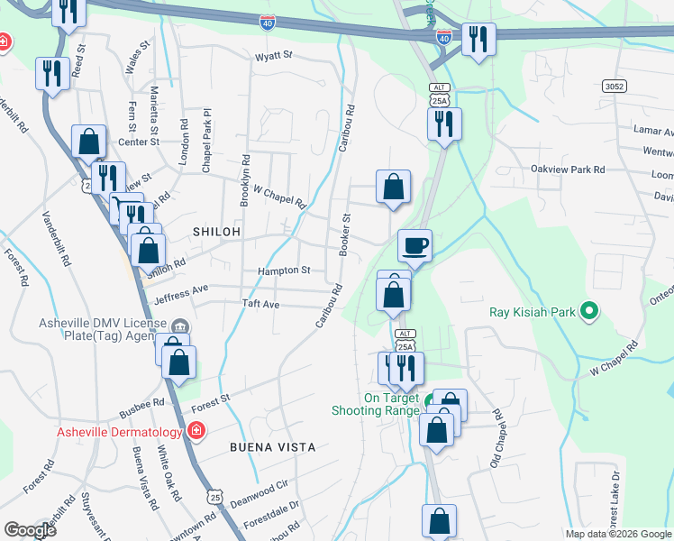 map of restaurants, bars, coffee shops, grocery stores, and more near 486 Caribou Road in Asheville