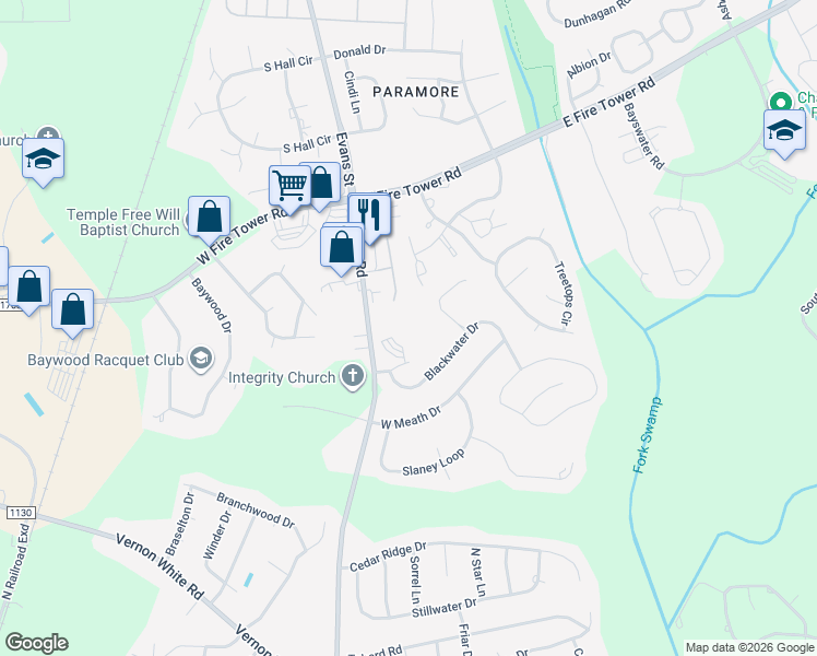 map of restaurants, bars, coffee shops, grocery stores, and more near 301 Guiness Dr in Winterville