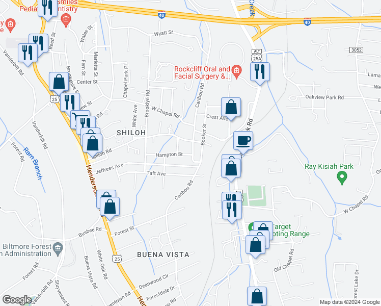 map of restaurants, bars, coffee shops, grocery stores, and more near 481 Caribou Road in Asheville
