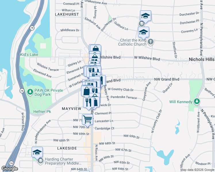 map of restaurants, bars, coffee shops, grocery stores, and more near 2760 West Country Club Drive in Oklahoma City