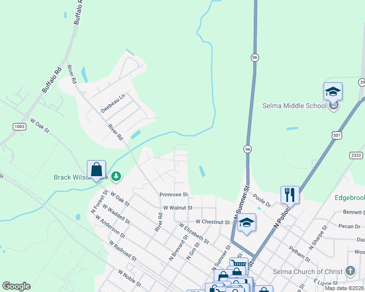 map of restaurants, bars, coffee shops, grocery stores, and more near 121 Boykin Avenue in Selma