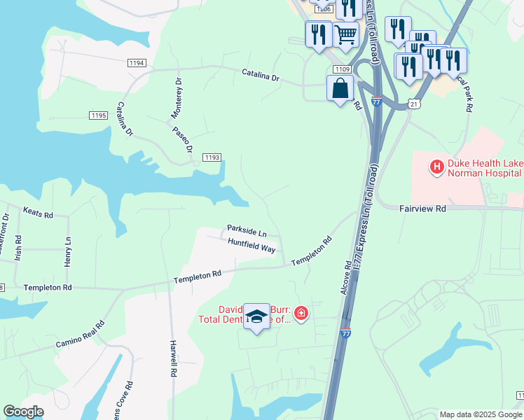 map of restaurants, bars, coffee shops, grocery stores, and more near Templeton Bay Drive in Mooresville