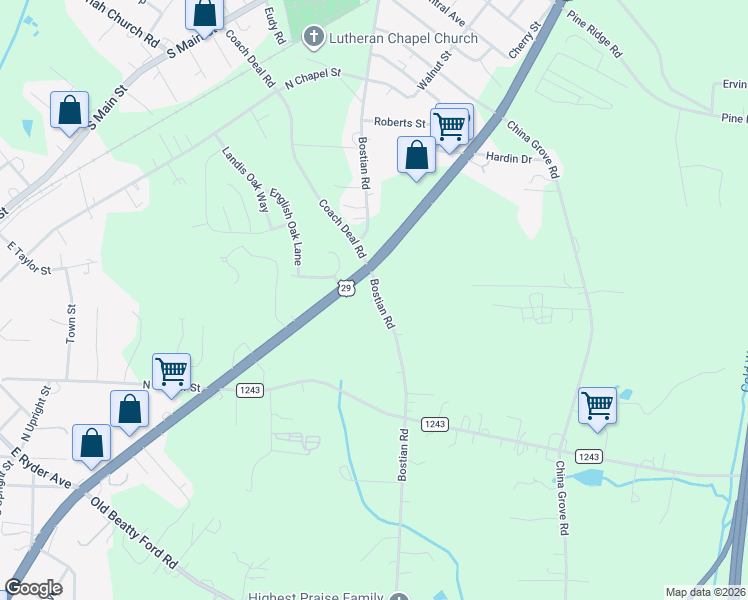 map of restaurants, bars, coffee shops, grocery stores, and more near 965 Bostian Road in China Grove