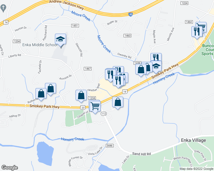 map of restaurants, bars, coffee shops, grocery stores, and more near 900 Smoky Park Highway in Candler