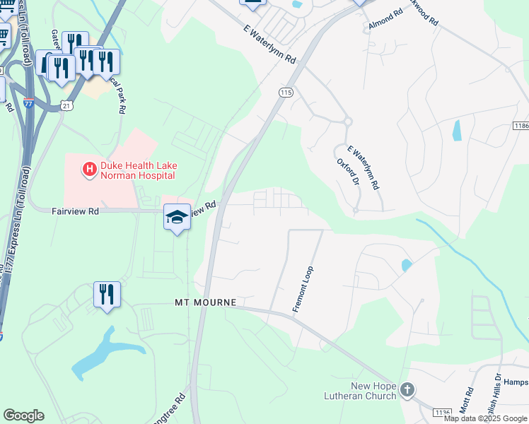 map of restaurants, bars, coffee shops, grocery stores, and more near 106 Locomotive Lane in Mooresville