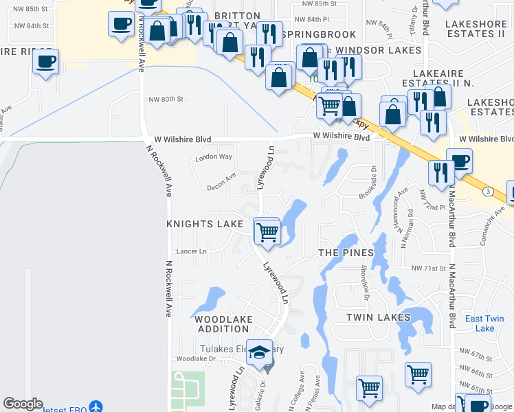 map of restaurants, bars, coffee shops, grocery stores, and more near 6725 Picadilly Circle in Oklahoma City