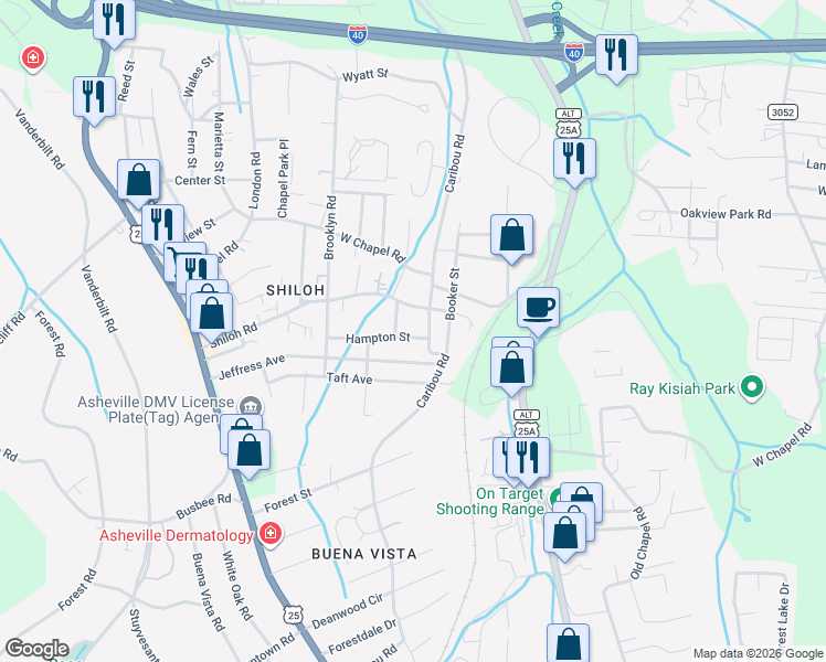 map of restaurants, bars, coffee shops, grocery stores, and more near 486 Caribou Road in Asheville