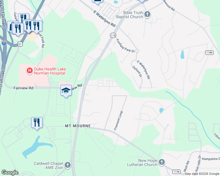 map of restaurants, bars, coffee shops, grocery stores, and more near 173 Fremont Loop in Mooresville