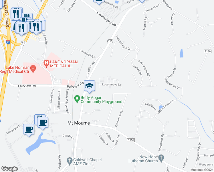 map of restaurants, bars, coffee shops, grocery stores, and more near 116 Locomotive Lane in Mooresville