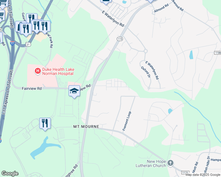 map of restaurants, bars, coffee shops, grocery stores, and more near 106 Locomotive Lane in Mooresville