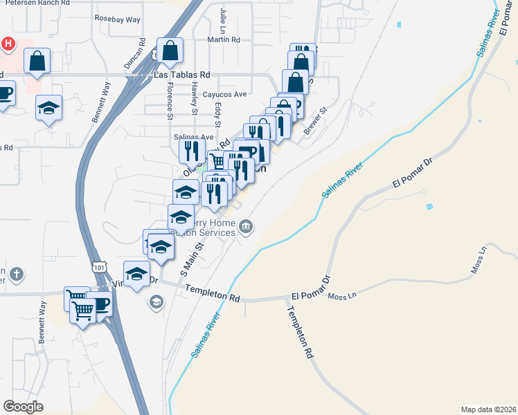 map of restaurants, bars, coffee shops, grocery stores, and more near 24 8th Street in Templeton