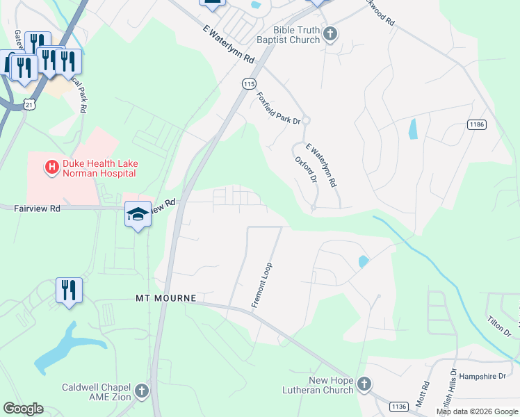 map of restaurants, bars, coffee shops, grocery stores, and more near 189 Fremont Loop in Mooresville