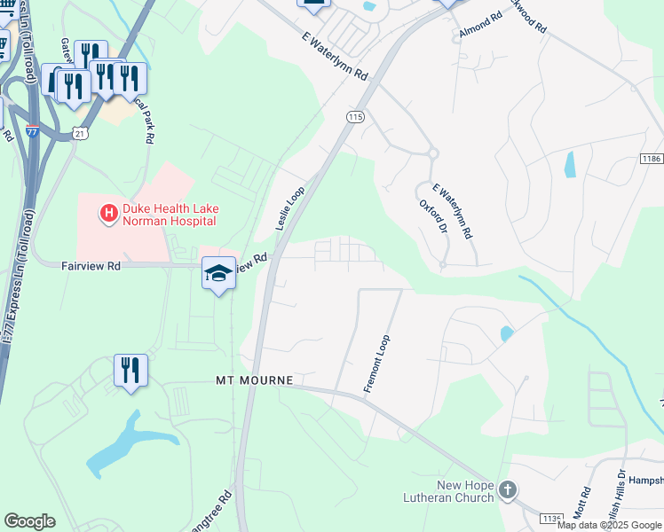 map of restaurants, bars, coffee shops, grocery stores, and more near 202 Locomotive Lane in Mooresville