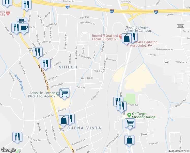 map of restaurants, bars, coffee shops, grocery stores, and more near 486 Caribou Road in Asheville