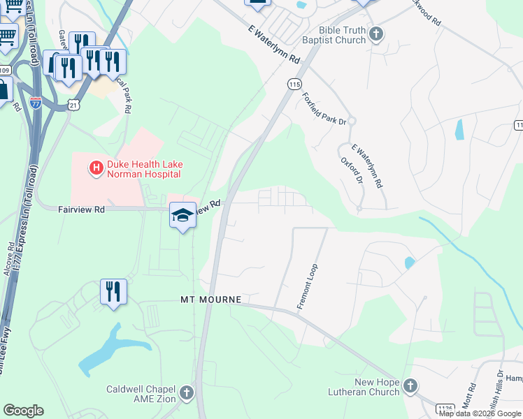 map of restaurants, bars, coffee shops, grocery stores, and more near 202 Locomotive Lane in Mooresville