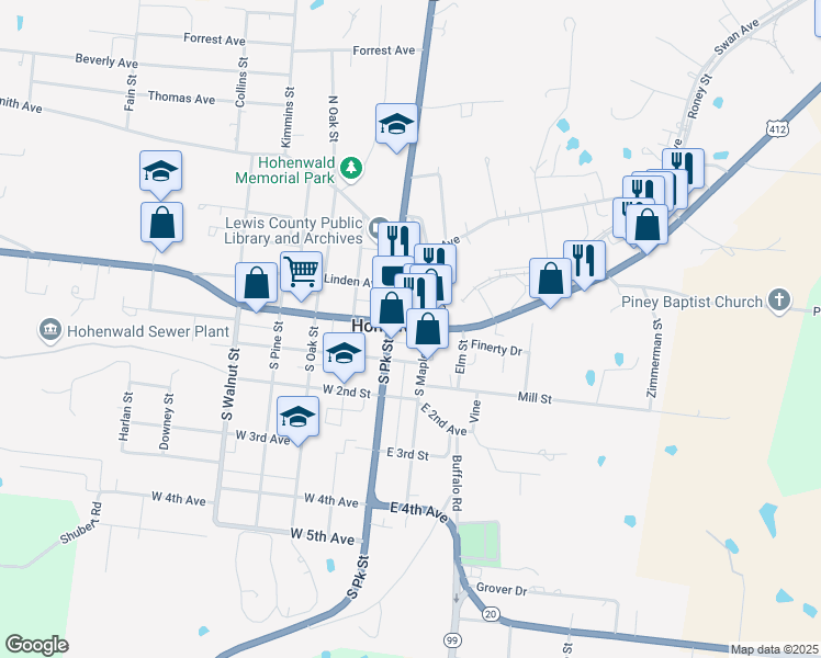 map of restaurants, bars, coffee shops, grocery stores, and more near 28 East Main Street in Hohenwald